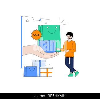 Vector illustration of a person receiving shopping bags from a smartphone, depicting online shopping and sales. The scene highlights the excitement of digital purchasing experiences. Stock Vector