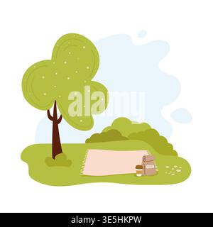 Cozy place for picnic, spread blanket on meadow near large tree, snack and coffee on grass in spring. Flat vector illustration. Stock Vector
