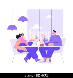 Vector illustration of two people having a friendly conversation in a cafe setting. They are seated across from each other, sharing smiles and gestures, creating a warm social atmosphere. Stock Vector