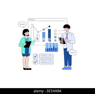 Vector illustration of two businesspeople reviewing market data on a large screen. They are analyzing charts and graphs, highlighting teamwork and collaboration in a business setting. Stock Vector