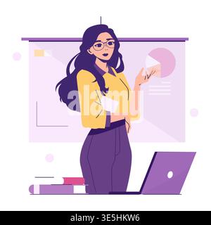 Vector illustration of a confident woman giving a business presentation. The image features a chart on a screen, a laptop, and books, conveying a professional setting. Stock Vector
