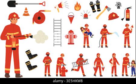 Bright colorful set of firefighters in various situations and poses, and fire safety equipment. Vector set. Stock Vector