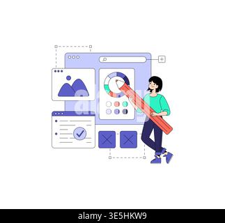 A designer uses a large pencil to create a user interface on a digital platform. The vector illustration showcases web design elements, navigation, and color selection tools. Stock Vector