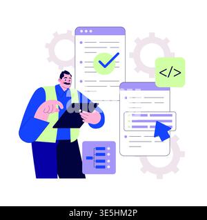 Vector illustration of a developer engaging with a tablet for coding tasks. The scene includes digital elements like checklists, code symbols, and gears, representing tech workflow. Stock Vector