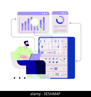 Vector illustration of a data analyst using a laptop to work with server data, graphs, and charts. The image highlights data management and analysis in a professional setting. Stock Vector