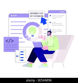 Vector illustration of a man sitting on a chair with a laptop, surrounded by digital charts and binary code. The scene captures a tech-focused planning session with a focus on data. Stock Vector