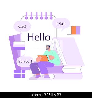 Vector illustration of a man using a tablet surrounded by speech bubbles with greetings in various languages. Depicts multilingual communication and language learning concepts. Stock Vector