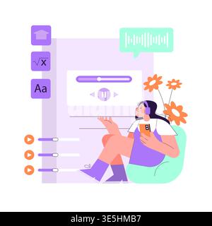 Vector illustration of a person sitting happily with headphones, engaging with audio content on a mobile device. Vibrant colors, flowers, and interface icons create a lively atmosphere. Stock Vector