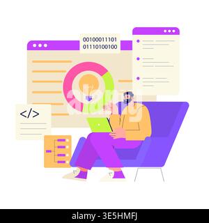 Vector illustration of a man sitting in a chair analyzing data on a laptop. The scene includes binary code, a light bulb in a chart, and development symbols indicating innovation and technology. Stock Vector