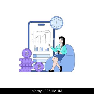 Woman comfortably seated in a chair, analyzing cryptocurrency trends on a digital graph display. Stacks of Bitcoin coins emphasize the focus on digital currency insights. Vector illustration. Stock Vector
