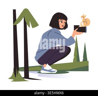 Woman crouching in forest taking a close-up photo of a squirrel perched on camera. Shows connection between wildlife and photography. Vector illustration capturing nature interaction. Stock Vector
