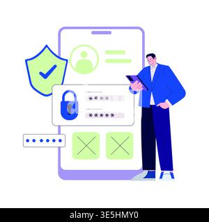 Vector illustration depicting a person interacting with a smartphone, entering a secure login. The design features security icons, emphasizing digital protection and identity verification. Stock Vector