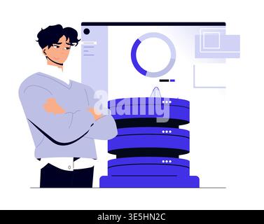 Business professional confidently analyzing data visualization on a digital screen. The vector illustration highlights data analysis, technology, and decision-making in a modern setting. Stock Vector