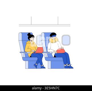 Vector illustration of two passengers in airplane seats. One is working on a laptop, while the other relaxes with a neck pillow and sleep mask, depicting leisure and productivity. Stock Vector