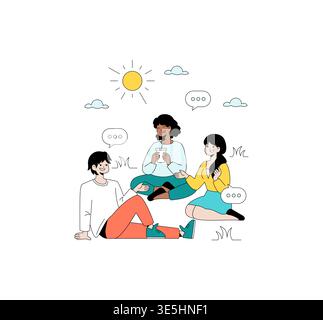 Cartoon showing three people sitting on grass, engaging in conversation and laughter under the sun. Speech bubbles depict a lively dialogue, adding a fun atmosphere to the scene. Stock Vector