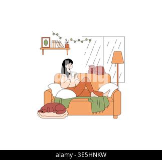 Woman knitting comfortably on a cozy orange couch, surrounded by a sleeping dog and cat. Shelves with books and plants in the background create a peaceful living room setting. Stock Vector