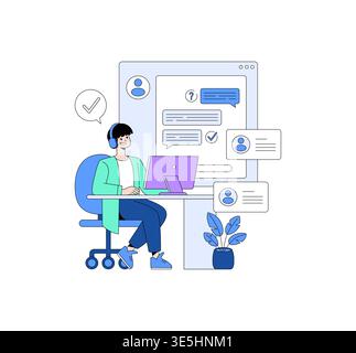 Vector illustration of a person engaging in customer support, using a computer with chat messages visible. The scene conveys a positive and helpful communication environment. Stock Vector
