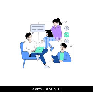 Vector illustration of a group engaging in a virtual meeting using laptops, tablets, and clipboards. People sitting and interacting through digital screens, representing remote communication. Stock Vector