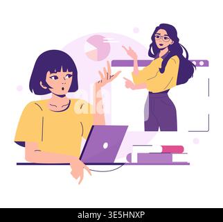 Two people engaged in a business presentation. One uses a laptop as another points at a screen with charts. This vector illustration showcases teamwork and communication in a professional setting. Stock Vector