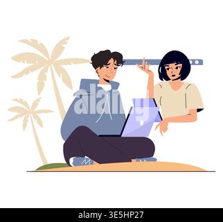 Two friends collaborating on a laptop outdoors, surrounded by palm trees. Vector illustration depicting teamwork and communication in an outdoor setting, emphasizing collaboration and connection. Stock Vector