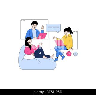 Vector illustration depicting three people engaging in an online meeting using laptops. The scene shows them interacting through video calls, showcasing remote communication in a digital workspace. Stock Vector