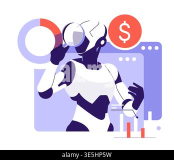 Vector illustration of a robot using a magnifying glass to analyze data. The scene includes graphs and financial symbols, highlighting themes of technology and financial analytics. Stock Vector