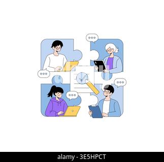Vector illustration shows diverse team collaborating within puzzle pieces symbolizing unity. Each person engaged on digital devices with speech bubbles. Concept of teamwork and communication. Stock Vector