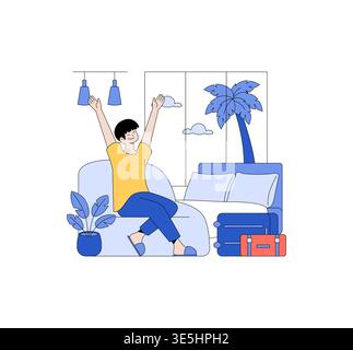 Vector illustration of a man stretching his arms in a modern living room. He is seated on a comfortable sofa with a suitcase nearby, enjoying a relaxed and peaceful moment. Stock Vector
