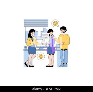 Vector illustration of three coworkers engaging in a collaborative discussion in an office setting. They display friendly expressions, emphasizing teamwork and positive communication. Stock Vector