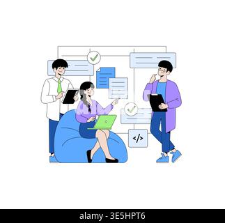 Colleagues collaborate using laptops and tablets, sharing data and ideas effectively. The vector illustration depicts teamwork and communication among three people working on a project. Stock Vector