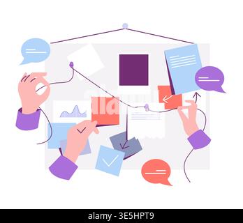 Vector illustration depicting collaborative brainstorming with three hands arranging notes, diagrams, and conversation bubbles on a creative board, symbolizing teamwork and idea generation. Stock Vector