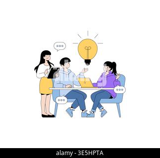 Vector illustration of three people collaborating in a brainstorming session. One person stands with a tablet, while two others sit at a table with a laptop, sharing ideas. Stock Vector