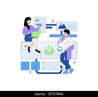 Vector illustration showing two people collaborating on software development tasks. They interact with digital elements like coding, settings, and media windows, highlighting teamwork. Stock Vector