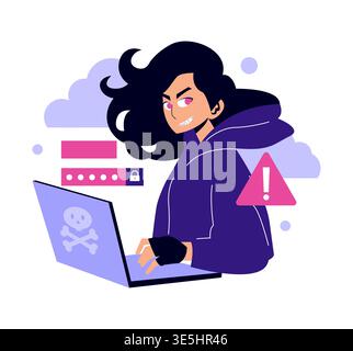 Illustration of a confident girl with mischievous expression using a laptop, symbolizing cybersecurity threats. Includes warning icons and password elements, highlighting digital security issues. Stock Vector