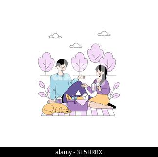 Vector illustration of a joyful couple enjoying a picnic in a park with a sleeping dog. Surrounded by trees, they share a meal and conversation in a serene outdoor setting. Stock Vector