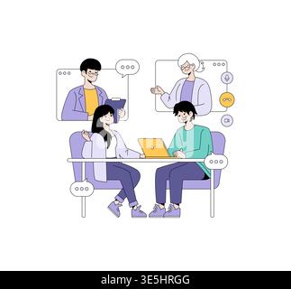 Vector illustration depicting two people collaborating in a virtual meeting. They are seated at a table with laptops, engaging in a video conference with colleagues shown on screens. Stock Vector