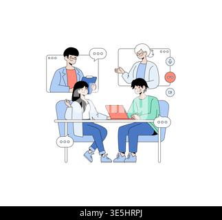 Vector illustration depicting four people engaged in a collaborative online meeting. Two participants are seated with laptops, while two others join virtually. All display positive expressions. Stock Vector