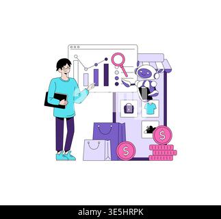 Vector illustration of a person analyzing e-commerce data on a digital board. A robot assists with online shopping tasks, surrounded by shopping bags and currency symbols. Stock Vector