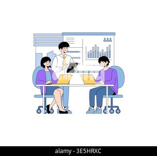 Business team engaged in a meeting with laptops and presentation charts, depicted in a vector illustration. Group members are collaborating and analyzing data with focus and teamwork. Stock Vector