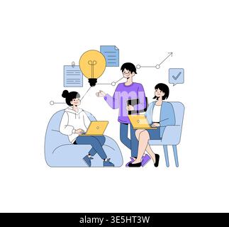 Vector illustration of three people engaged in a collaborative meeting. Two sitting with laptops, one standing with a tablet, discussing ideas with a light bulb icon symbolizing creativity. Stock Vector