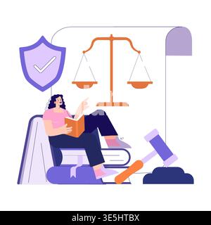 Vector illustration of a woman reading a book about law while surrounded by legal symbols such as scales and a gavel, representing justice and legal education. Stock Vector