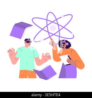 Vector illustration of two people engaging in virtual reality science exploration, wearing VR headsets, surrounded by floating books and a digital atom symbol, depicting interactive learning. Stock Vector