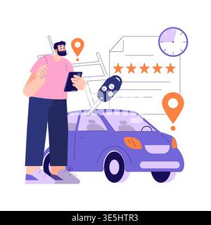 Vector illustration of a man interacting with a smartphone to rent a car. Symbols of location, time, and a car key emphasize the digital and convenient nature of car rentals. Stock Vector