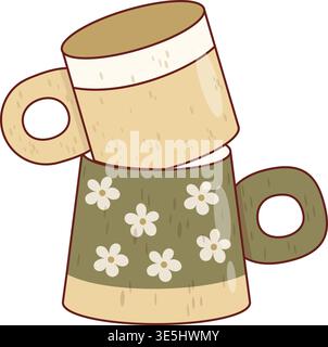 Stacked Craft Artisan Coffee Mugs. Hand Drawn Ceramic Cups with Daisy Pattern. Cozy Pottery Kitchenware for Morning Ritual and Cafe Branding. Vector I Stock Vector