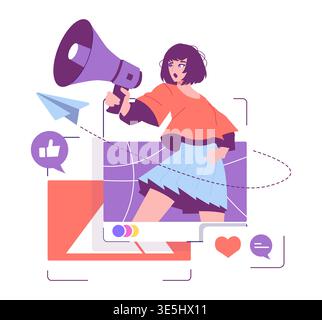 Dynamic vector illustration of a woman using a megaphone with social media icons like likes and messages. The image emphasizes communication and digital interaction. Stock Vector