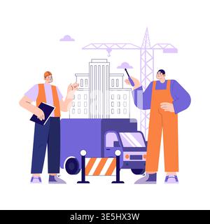 Vector illustration of construction workers discussing a project. One holds a blueprint and the other gestures toward a high-rise building with cranes in the background, showing collaboration. Stock Vector