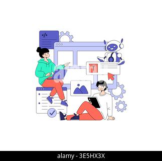 Vector illustration featuring two people collaborating with a robot on a digital interface. One person points at the screen while the other takes notes, depicting teamwork and technology. Stock Vector