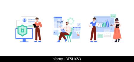 Vector illustration showing diverse team collaborating on software development and data analysis. Depicts teamwork in cybersecurity, coding, and analytics with charts and digital tools. Stock Vector