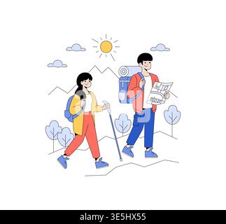 Vector illustration of two people hiking with backpacks and a map. They are enjoying a day outdoors, set against a mountain background with the sun shining brightly, expressing joy and enthusiasm. Stock Vector