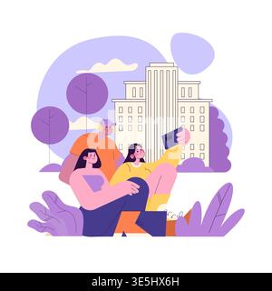 A group of friends gathers in a scenic park area to capture a selfie together, smiling and enjoying a sunny day outdoors. The high-rise building adds an urban charm to the illustration. Stock Vector